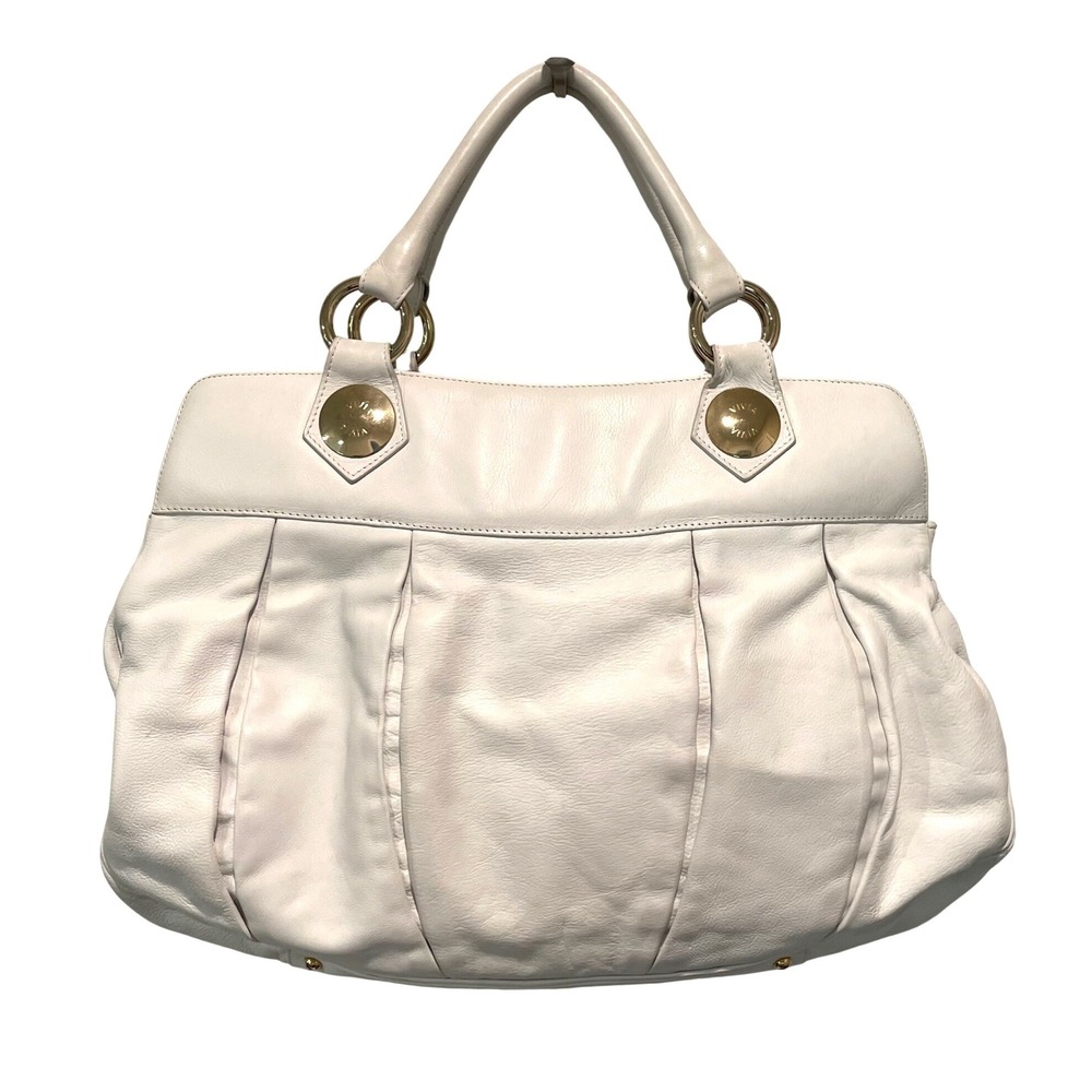 Vivia Leather Satchel Bag Women Large White Minimalist Pleated Gold Hardware